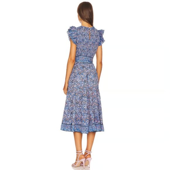 Cleobella Autumn Midi Dress Paisley Print Flutter Sleeve Smocked Blue Small - Picture 2 of 8